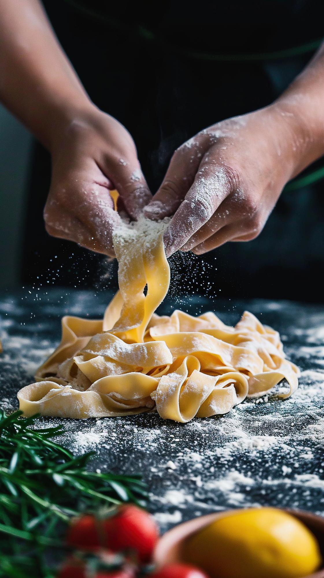 hands preparing artisanal pasta in warm kitchen light